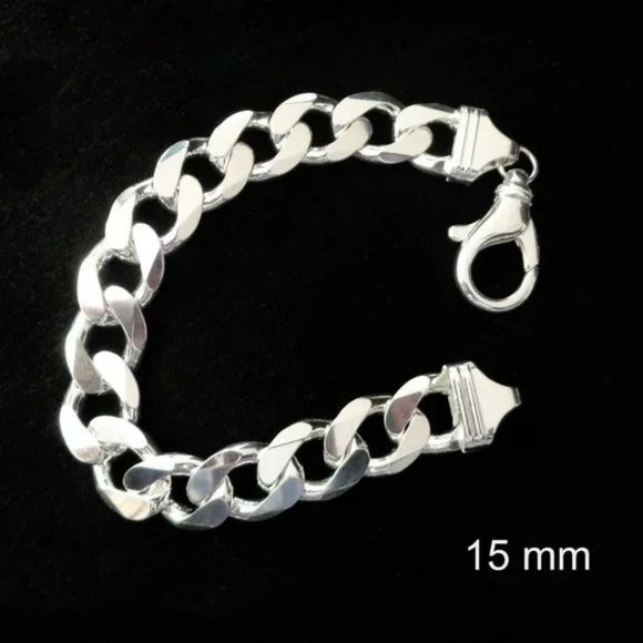 NEW 15mm SOLID 925 Sterling Silver Curb Bracelet, Top Quality Gift for Men ITALY - Picture 2 of 5